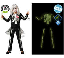 Cargar imagen en el visor de la galería, Disfraz Esqueleto Vestido negro entallado con estampado de esqueleto fosforescente Para Niña Infantil