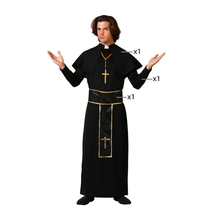 Cargar imagen en el visor de la galería, Disfraz Cura Negra Sotana Hombre Adulto Para Carnaval Halloween Fiestas