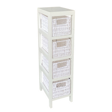 Cargar imagen en el visor de la galería, Mueble Sinfonier Cajonera MDF / Paulwonia Con 4 Cestas Trenzada - Color Blanco, Mueble de almacenaje con 4 cestas, Mesillas de noche, Muebles de dormitorio o Baño