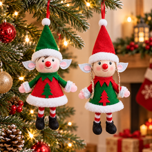Cargar imagen en el visor de la galería, Set de 2 Colgantes de Navidad Duende 27 cm - Adornos Navideños de Tela y Fieltro para Árbol, Chimenea y Decoración del Hogar