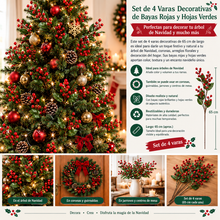 Cargar imagen en el visor de la galería, Set de 4 Varas Decorativas con Bayas Rojas y Hojas Verdes para Navidad – 65 cm