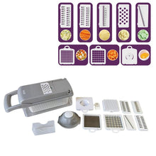 Cargar imagen en el visor de la galería, Cortador Rallador Multifunción Deposito con 5 Múltiples Intercambiables para rallar o Rebenar + 2 Cuchillas Corte a Dados, Mandoa de Cocina