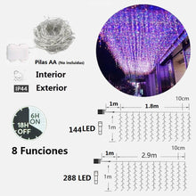 Cargar imagen en el visor de la galería, Cortina de Luces LED a Pilas 8 Funciones Interior y Exterior para Decoracion de Navidad
