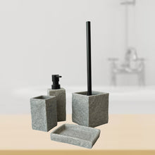 Cargar imagen en el visor de la galería, Juego Set de accesorios de baño de poliresina vaso loción dispensador de jabón plato de jabón jabonera cepillo de inodoro escobilla de aseo cuadrado gris oscuro efecto piedra