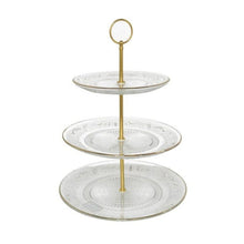 Cargar imagen en el visor de la galería, Frutero Tartera pastelero de Mesa de 3 alturas de cristal transparente y metal de Ø 25x35 cm