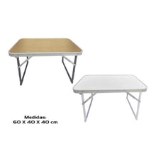 Cargar imagen en el visor de la galería, Mesa plegable baja de playa, 60x40x40cm, estructura de metal, tablero de madera, mesa plegable camping pequeña, tacos antivuelco