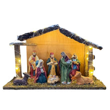 Cargar imagen en el visor de la galería, Portal de Nacimiento con 8 Figuras de Resina 20 LED Cálida Pesebre de Madera Belen 29.5x19.5x12cm para Decoracion de Navidad