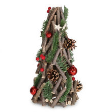 Cargar imagen en el visor de la galería, Árbol de Navidad Sobremesa de Troncos de Madera 30cm Decoración Navideña Rústica Centro de Mesa Ornamentos con Piñas y Bolas