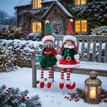 Cargar imagen en el visor de la galería, Muñecos Duendes de Navidad Peluche (49 cm / 59 cm) – Pareja de Elfos Navideños de Pie / Sentados con Patas Largas (Rojo y Verde)