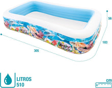 Cargar imagen en el visor de la galería, Intex Piscina Hinchable Grande diseño océano, 305x183x56 cm, 1050 litros, 3 cámaras de Aire, Tapón de desagüe, Vinilo Resistente, Uso Exterior, Ideal jardín y Verano, Parche Incluido, +6 años (58485)
