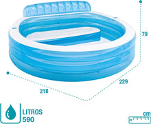 Cargar imagen en el visor de la galería, Piscina hinchable redonda con respaldo, 229x218x79 cm, 590 litros, 2 cámaras de aire, 2 portabebidas, Tapón de desagüe, Vinilo resistente, Parche de reparación, +3 años, Diversión verano (57190) Intex