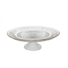Cargar imagen en el visor de la galería, Tartera Frutero con soporte de Mesa de cristal transparente con Borde de Plato Dorado y grabados geométricos para Decoración de Navidad y Uso Diarioción Ø 29x9.5 cm