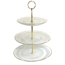 Cargar imagen en el visor de la galería, Frutero Tartera pastelero de Mesa de 3 alturas de cristal transparente y metal de Ø 25x35 cm