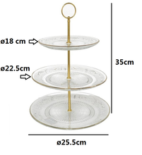 Cargar imagen en el visor de la galería, Frutero Tartera pastelero de Mesa de 3 alturas de cristal transparente y metal de Ø 25x35 cm