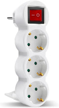 Cargar imagen en el visor de la galería, Adaptador Plano con Interruptor y Tres Enchufes Schuko, hasta Carge 3680W, 16A, 250V, Blanco