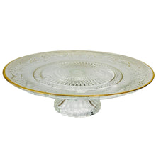 Cargar imagen en el visor de la galería, Tartera Frutero con soporte de Mesa de cristal transparente con Borde de Plato Dorado y grabados geométricos para Decoración de Navidad y Uso Diarioción Ø 29x9.5 cm