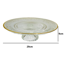 Cargar imagen en el visor de la galería, Tartera Frutero con soporte de Mesa de cristal transparente con Borde de Plato Dorado y grabados geométricos para Decoración de Navidad y Uso Diarioción Ø 29x9.5 cm