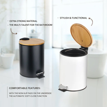 Cargar imagen en el visor de la galería, Cubo de basura Metal Con Tapa Bambú Caída Amortiguada 3 L, Papelera con pedal pequeño para Baño - Tendance