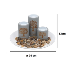 Cargar imagen en el visor de la galería, Portavelas Zen de Madera "Árbol de la Vida" – Set Decorativo con Piedras Naturales y Bandeja Circular (24x24x12cm)
