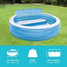 Cargar imagen en el visor de la galería, Piscina hinchable redonda con respaldo, 229x218x79 cm, 590 litros, 2 cámaras de aire, 2 portabebidas, Tapón de desagüe, Vinilo resistente, Parche de reparación, +3 años, Diversión verano (57190) Intex