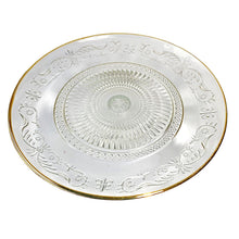 Cargar imagen en el visor de la galería, Tartera Frutero con soporte de Mesa de cristal transparente con Borde de Plato Dorado y grabados geométricos para Decoración de Navidad y Uso Diarioción Ø 29x9.5 cm