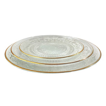 Cargar imagen en el visor de la galería, Plato deTartera Frutero de Mesa de cristal transparente con Borde de Plato Dorado y grabados geométricos para Decoración de Navidad y Uso Diarioción