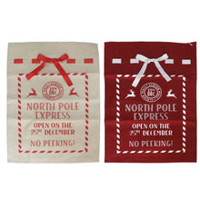 Cargar imagen en el visor de la galería, Set de 2 Sacos de Navidad con Frase de Tela de Cáñamo 50x70 cm – Saco de Regalos "North Pole Express" para Decoración Navideña