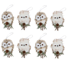 Cargar imagen en el visor de la galería, Set de 8 Adornos de Navidad Colgantes con Diseño de Búho en 2 Modelos, Figuras Decorativas con Piñas y Ramas para Árbol de Navidad y Hogar