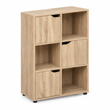 Cargar imagen en el visor de la galería, Estantería de Madera Moblkit con 6 Compartimentos y 3 Puertas, Mueble Auxiliar Organizador de Almacenamiento, Acabado Mate, 60x29x90 cm