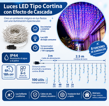 Cargar imagen en el visor de la galería, Cortina de Luces LED de Navidad 100 LED – 2.5 m, 20 Tiras, 8 +5 Funciones interior y exterior