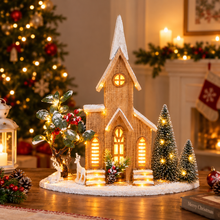 Cargar imagen en el visor de la galería, Casa de Madera Navideña con 25 Luces LED Cálidas (41.5x9x42.5 cm) - Escena Decorativa de Navidad en Madera con Renos y Árboles, Adorno para Mesa o Chimenea (5 Modelos Surtidos - Envío Aleatorio)