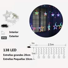 Cargar imagen en el visor de la galería, Cortina de Luz LED 138 LED 2.5 m – Estrellas / Estrellas con Copos de Nieve – 8 Funciones IP44 Interior y Exterior