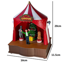 Cargar imagen en el visor de la galería, Escena de Navidad Circo con Musica Navideña, Luz y Moviniento para decoracion de Navidad 16x11.5x20 cm