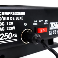 Cargar imagen en el visor de la galería, Kmt style Compresor de Aire Eléctrico 2 en 1 Para Mechero de Coche 12V y Corriente 230V, 250 PSI, 72 W, Bomba de aire Portatíl, Inflador Eléctrico Para Inflar Ruedas de Coche Bicicleta y Pelotas