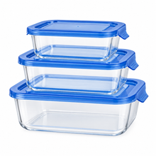 Cargar imagen en el visor de la galería, QUTTIN Set de 3 Fiambreras Hermética de Cristal con Tapa Azul | Táper de Vidrio Borosilicato | Apto para Microondas, Horno, Congelador y Lavavajillas | Rectangular, Cuadrada y Redonda