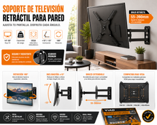 Cargar imagen en el visor de la galería, Soporte de TV Retráctil para Pared 14"–55" | Giro 180° | Inclinación ±15° | Carga Máx. 35 kg | Compatible VESA 400×400