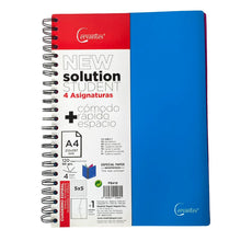 Cargar imagen en el visor de la galería, Cuaderno con 120 hojas 90 g microperfarados con 4 bandas de color, cuadrícula 5x5 mm. Tapas de Polipropileno, sobre interior y 3 separadores dobles rígidos opacos