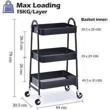 Cargar imagen en el visor de la galería, Carro de almacenamiento de 3 niveles, carrito de 3 pisos con ruedas giratorias de 360° - Negro