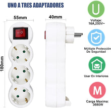 Cargar imagen en el visor de la galería, Adaptador Plano con Interruptor y Tres Enchufes Schuko, hasta Carge 3680W, 16A, 250V, Blanco