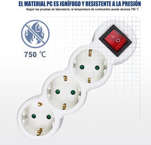 Cargar imagen en el visor de la galería, Adaptador Plano con Interruptor y Tres Enchufes Schuko, hasta Carge 3680W, 16A, 250V, Blanco