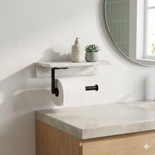 Cargar imagen en el visor de la galería, Portarrollos de Baño con Estante Multifunción – Diseño Premium: Efecto Mármol/Negro o Bambú/Blanco – Instalación con Adhesivo 3M Sin Taladro – 18 x 9.5 cm