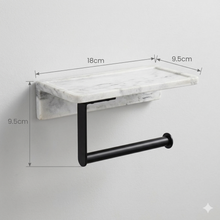 Cargar imagen en el visor de la galería, Portarrollos de Baño con Estante Multifunción – Diseño Premium: Efecto Mármol/Negro o Bambú/Blanco – Instalación con Adhesivo 3M Sin Taladro – 18 x 9.5 cm