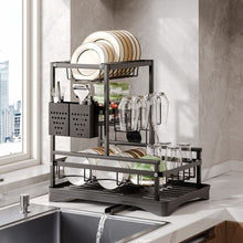 Cargar imagen en el visor de la galería, Estantería Escurridor de Platos de 3 Niveles para Cocina | Estructura Metálica con Bandeja de Plástico, Porta Cubiertos y Soportes Multifuncionales