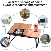 Cargar imagen en el visor de la galería, Mesita Multiuso Plegable de Madera – Escritorio Portátil para Cama o Sofá con Soporte Ajustable, Portavasos y Patas Plegables (55x32,5x25 cm)