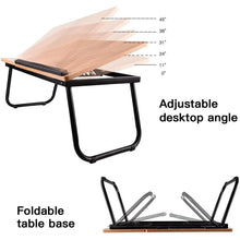 Cargar imagen en el visor de la galería, Mesita Multiuso Plegable de Madera – Escritorio Portátil para Cama o Sofá con Soporte Ajustable, Portavasos y Patas Plegables (55x32,5x25 cm)