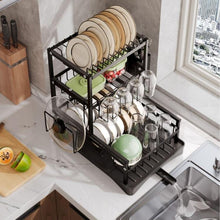 Cargar imagen en el visor de la galería, Estantería Escurridor de Platos de 3 Niveles para Cocina | Estructura Metálica con Bandeja de Plástico, Porta Cubiertos y Soportes Multifuncionales