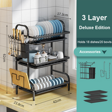 Cargar imagen en el visor de la galería, Estantería Escurridor de Platos de 3 Niveles para Cocina | Estructura Metálica con Bandeja de Plástico, Porta Cubiertos y Soportes Multifuncionales