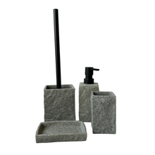 Cargar imagen en el visor de la galería, Juego Set de accesorios de baño de poliresina vaso loción dispensador de jabón plato de jabón jabonera cepillo de inodoro escobilla de aseo cuadrado gris oscuro efecto piedra