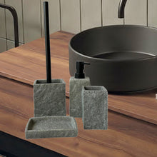 Cargar imagen en el visor de la galería, Juego Set de accesorios de baño de poliresina vaso loción dispensador de jabón plato de jabón jabonera cepillo de inodoro escobilla de aseo cuadrado gris oscuro efecto piedra