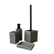 Cargar imagen en el visor de la galería, Juego Set de accesorios de baño de poliresina vaso loción dispensador de jabón plato de jabón jabonera cepillo de inodoro escobilla de aseo cuadrado gris oscuro efecto piedra